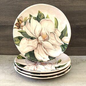 Pier 1 Magnolia Floral Pattern Ironstone 8.75" Salad Plates Set of Four RARE